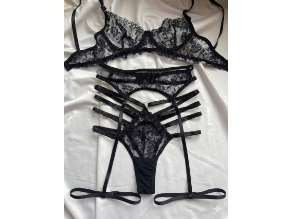 Комплект жіночої білизни сіточка з вишивкою "Чорний Динаміт" mod:0001513   